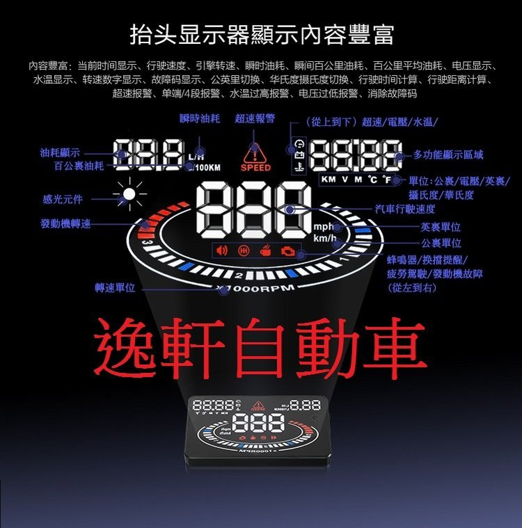 OBD E300 5.5英寸超大高清顯示 行駛速度，引擎轉速，水箱水溫 電壓 瞬間油耗 抬頭顯示器